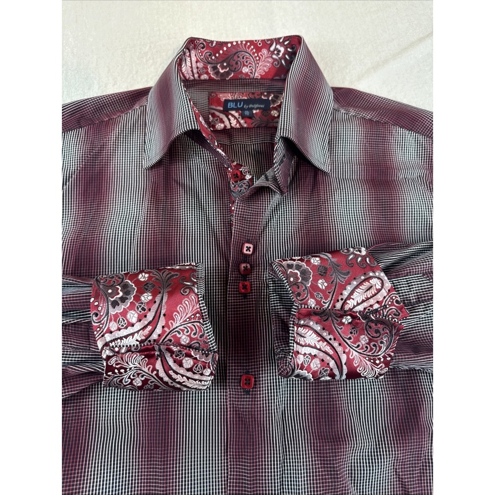 Blu Polifroni Shirt Mens XL Red Plaid Long Sleeve Flip Cuff Contrast Trim Preppy